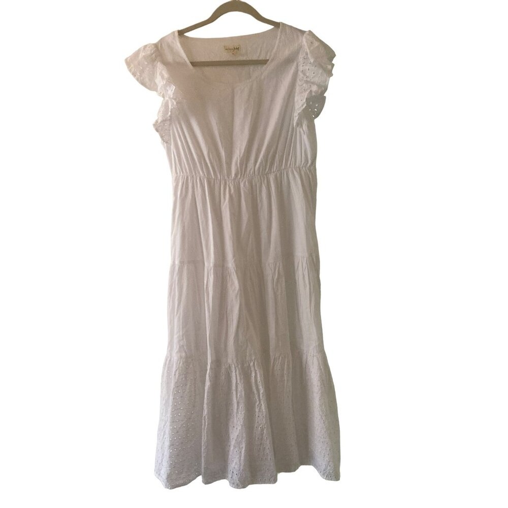 Maison Jules White Eyelet Maxi Dress XL Sleeveless Ruffle Tiered Summer Casual